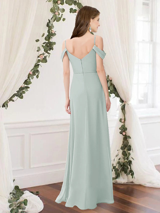 Full view of the elegant floor-length A-Line bridesmaid gown.