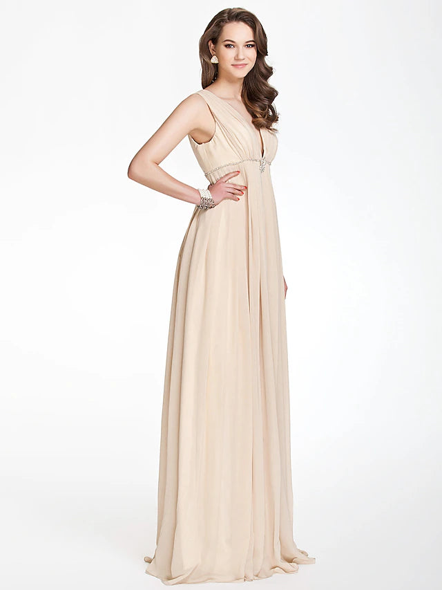 V-neck floor length bridesmaid gown.