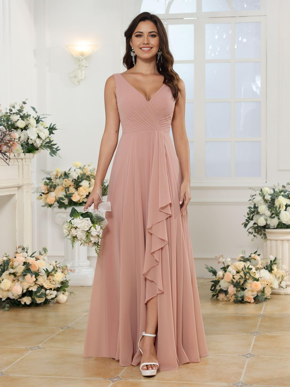 Elegant A-line V-neck chiffon dress with a front slit.