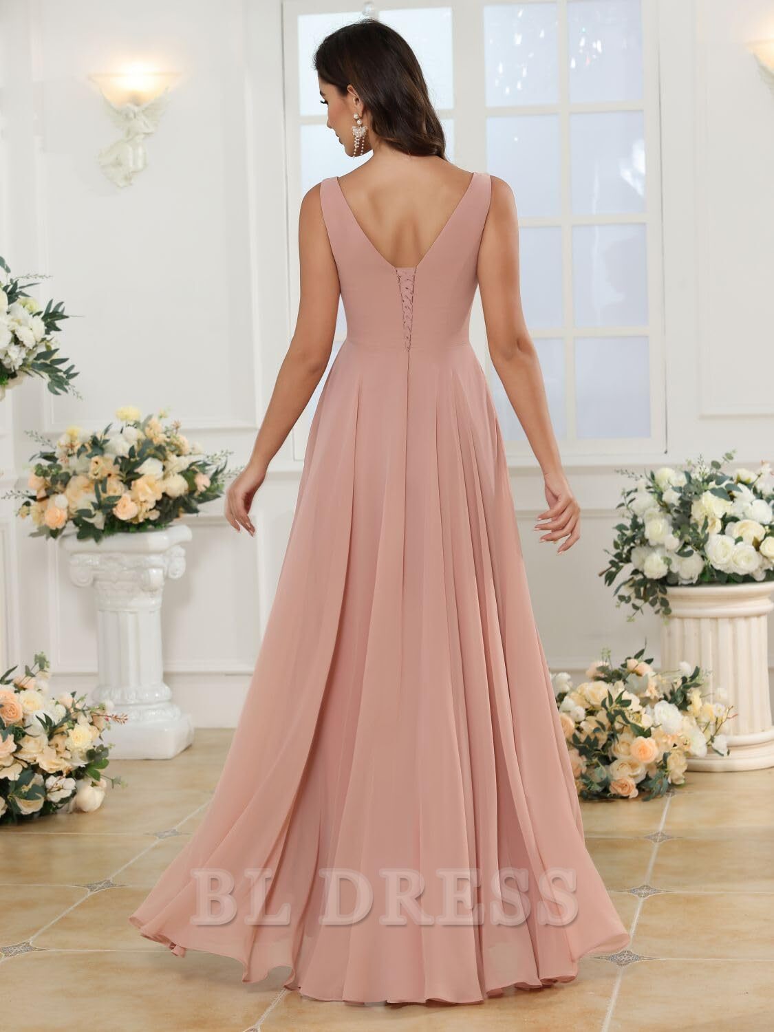 Back view of a flowing A-line chiffon formal dress.