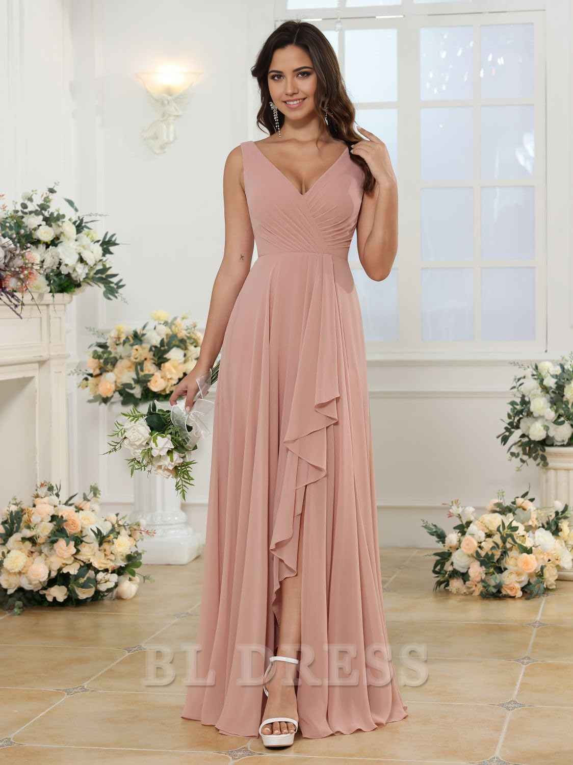 Side view of an A-line V-neck dress, highlighting the slit.