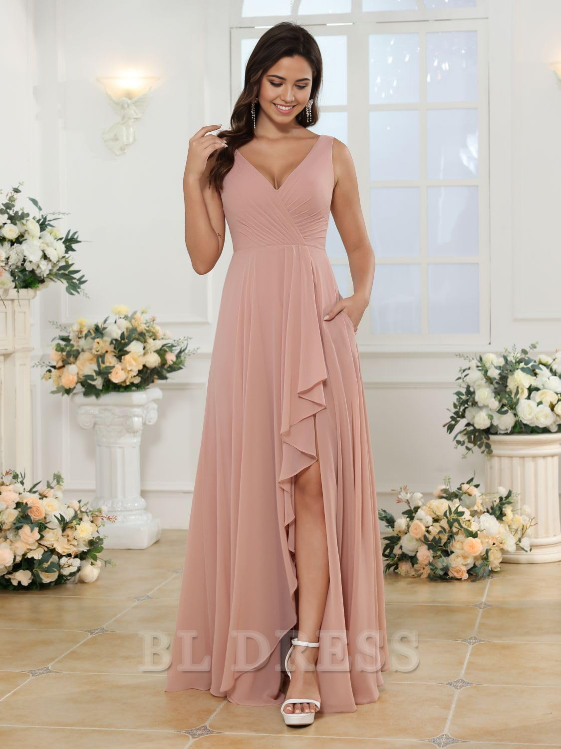 Close-up of the A-line chiffon dress, showing pocket detail.
