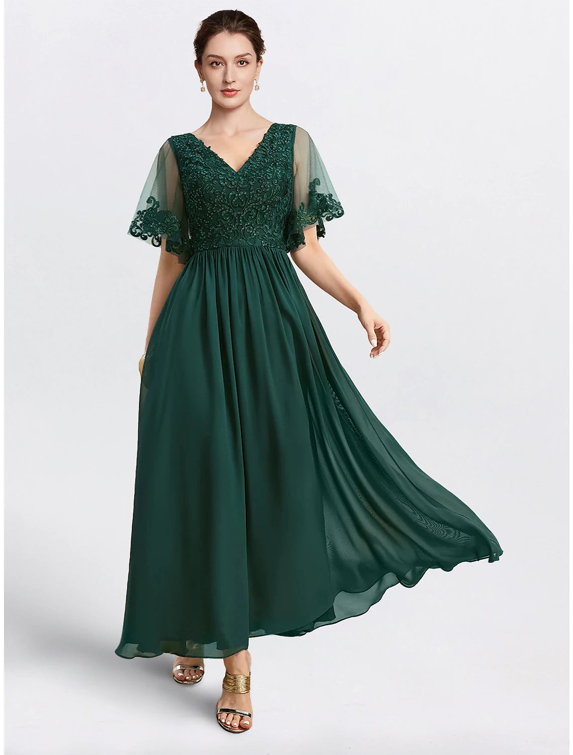 A-Line V-Neck chiffon cape tea length dress with elegant beading appliques.