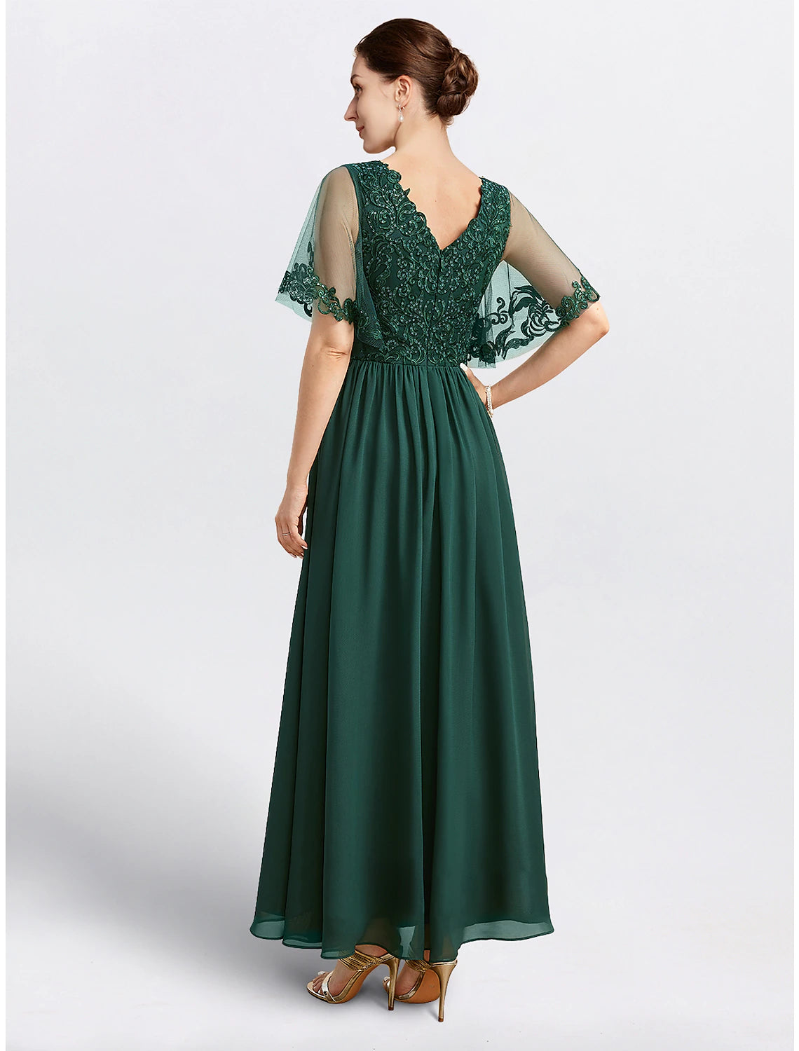 Side view of the elegant A-Line chiffon cape dress, perfect for formal occasions.