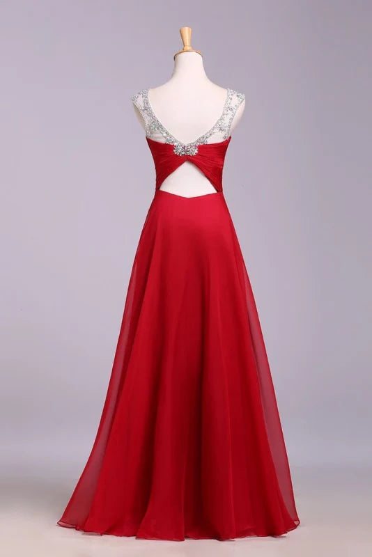 Back view of a floor-length A-line formal dress with delicate pleats.