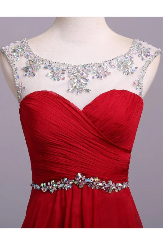 Full length view of a sparkling A-line prom dress.