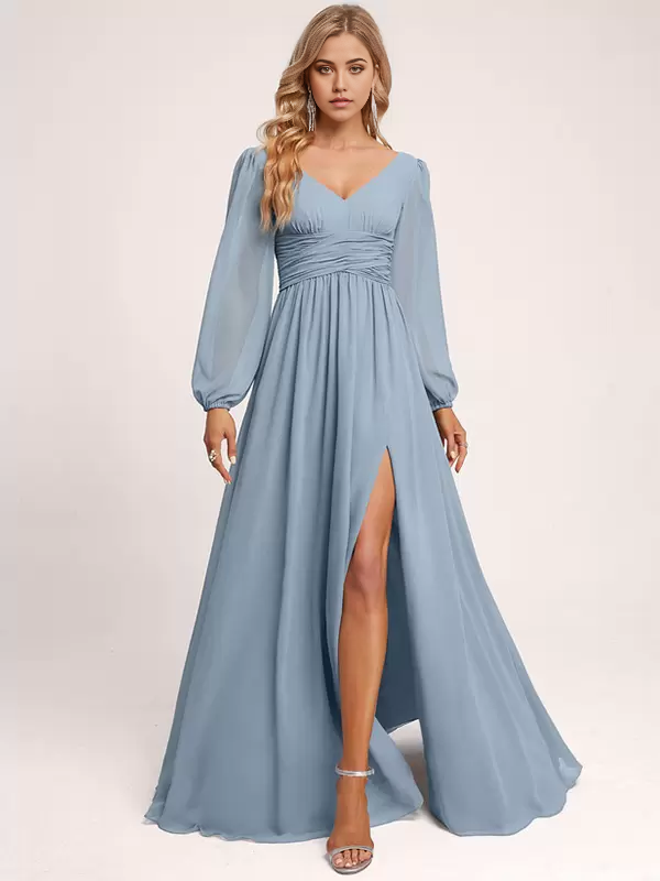 Elegant A-line V-neck chiffon bridesmaid dress.