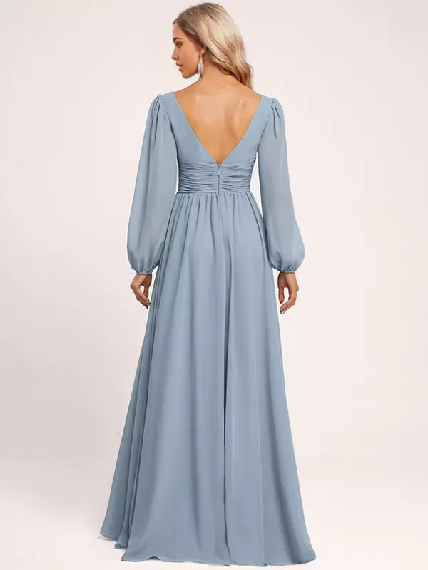 Back view of a floor-length formal gown with zipper closure.