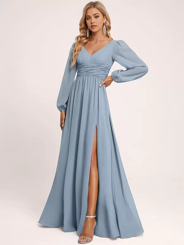 Close-up of the V-neckline and flowing chiffon fabric.