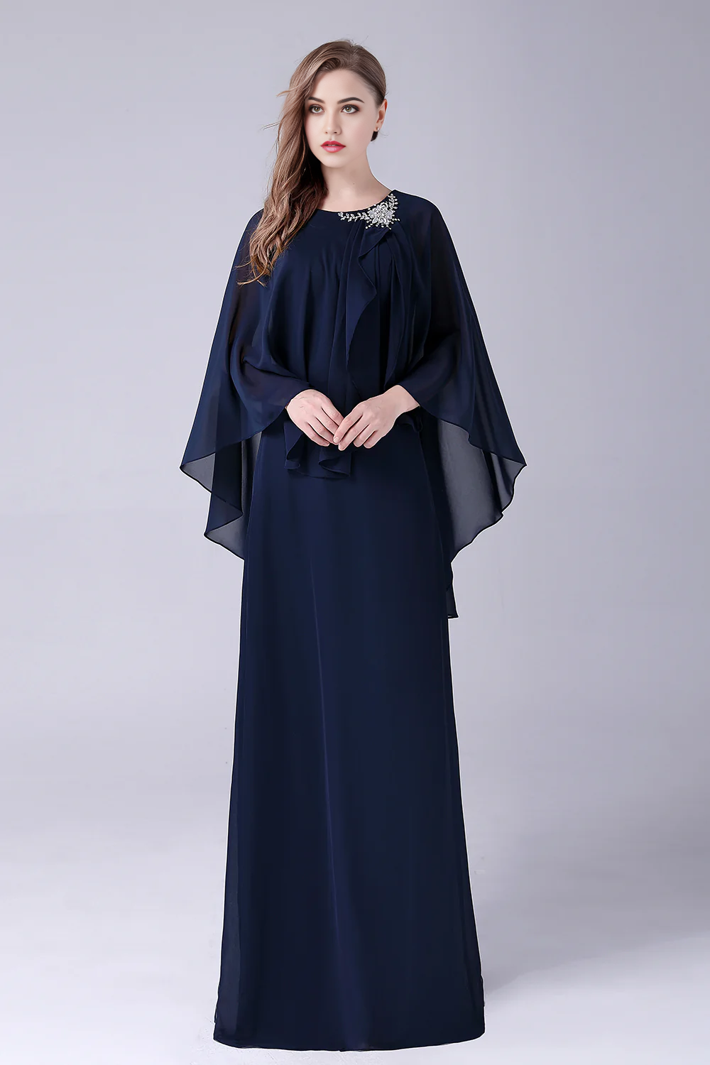 Elegant A-Line V-Neck chiffon floor-length gown, front view.