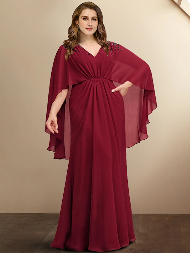 Elegant A-line V-neck chiffon gown with beading and pleats.