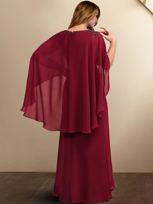 Side view of the floor-length plus size formal dress.