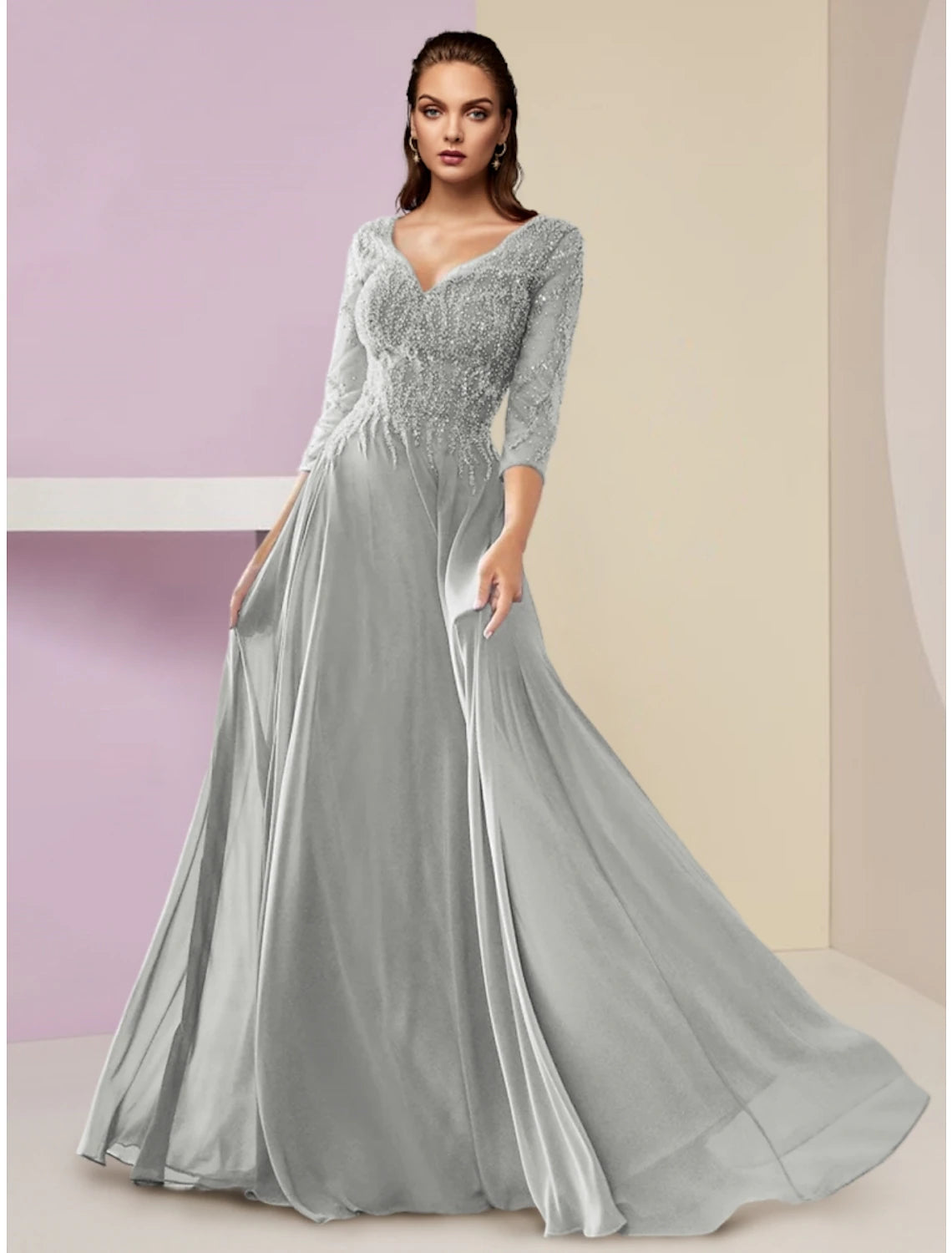 Elegant A-line chiffon mother of the bride dress with V-neck and 3/4 sleeves, featuring sequin ruching.