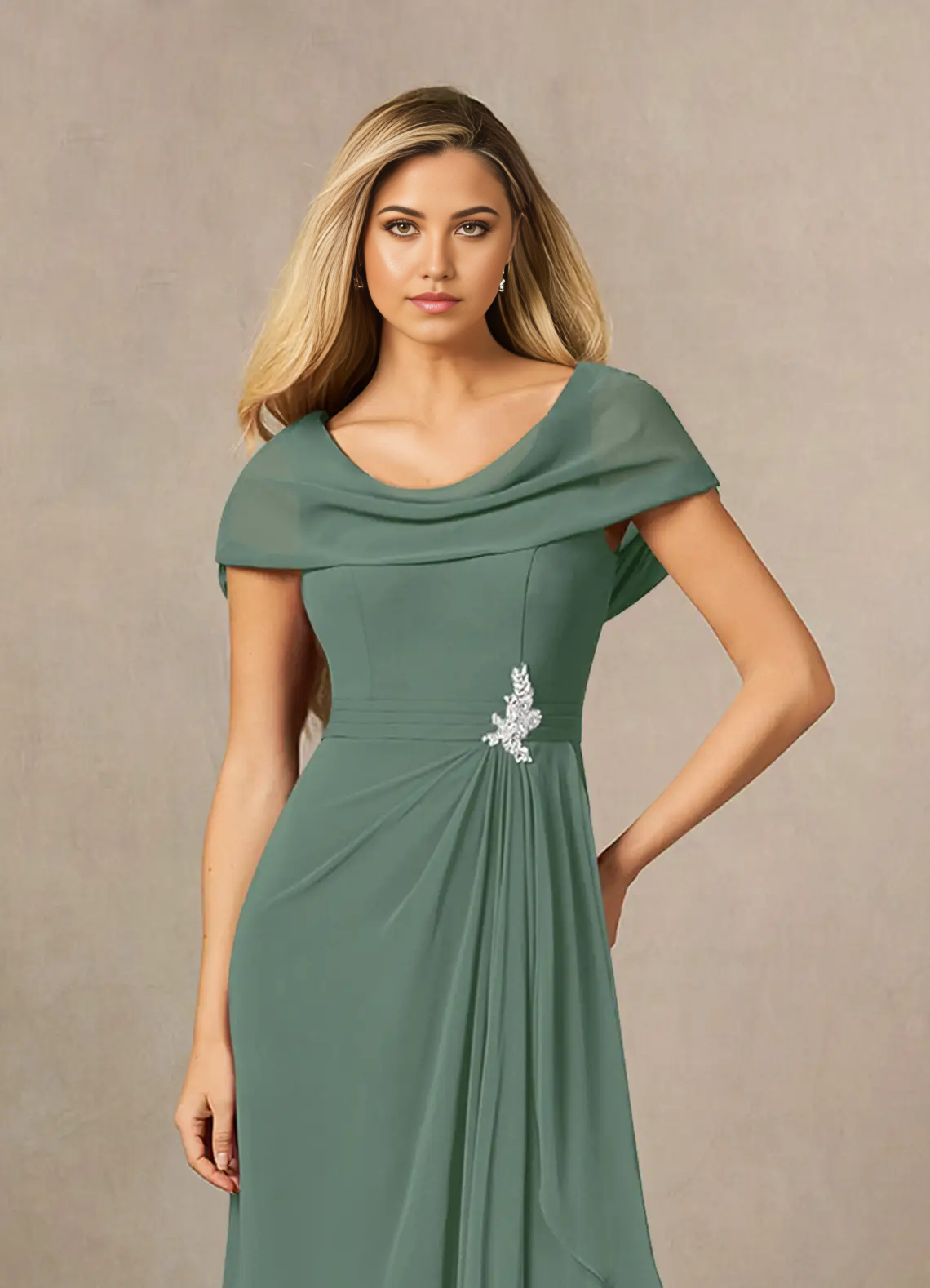 Woman in a long, elegant A-line chiffon V-neck gown with a side slit.