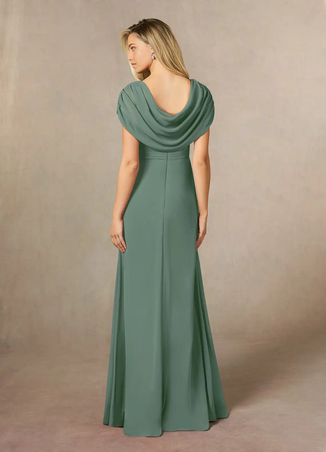 Side view of the A-line chiffon gown, highlighting the flowing fabric and side slit.