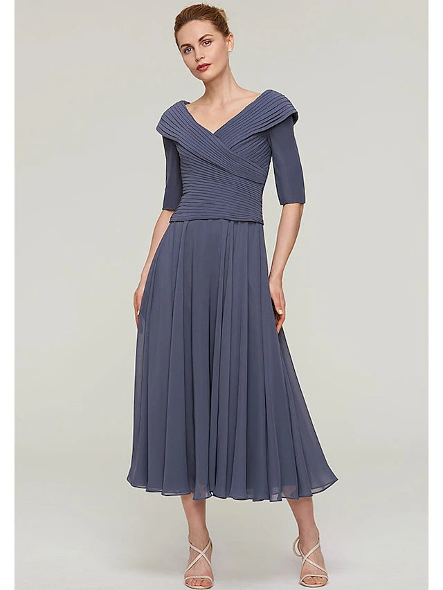 A-Line Mother of the Bride dress in chiffon with V-neck and half sleeves, shown from the front.