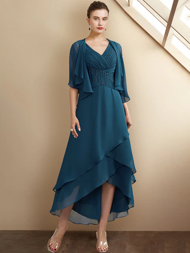 Elegant A-line Mother of the Bride dress with V-neck and high-low hem.