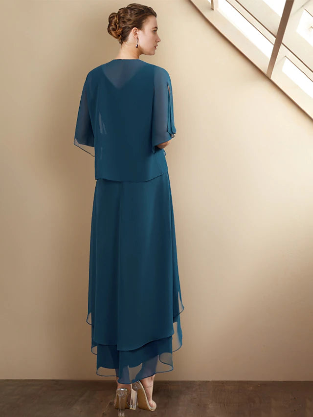 Back view of the chiffon Mother of the Bride dress with cascading ruffles.