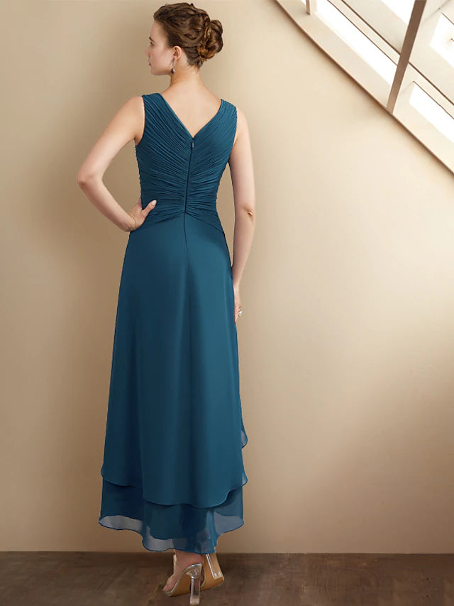 Full view of the sleeveless A-line dress, perfect for formal occasions.