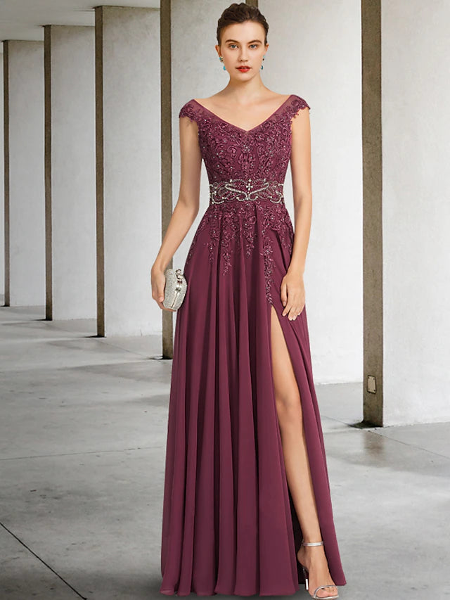 Elegant A-Line Mother of the Bride dress featuring a V-neck and delicate beading.