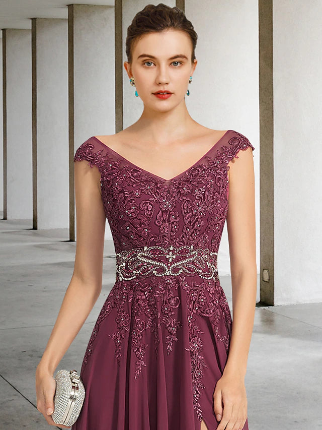 Side view of the A-Line chiffon lace Mother of the Bride gown with a split front.
