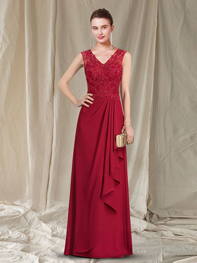 Elegant A-Line Mother of the Bride dress with V-neck, floor-length chiffon and lace, featuring pleats and beading.