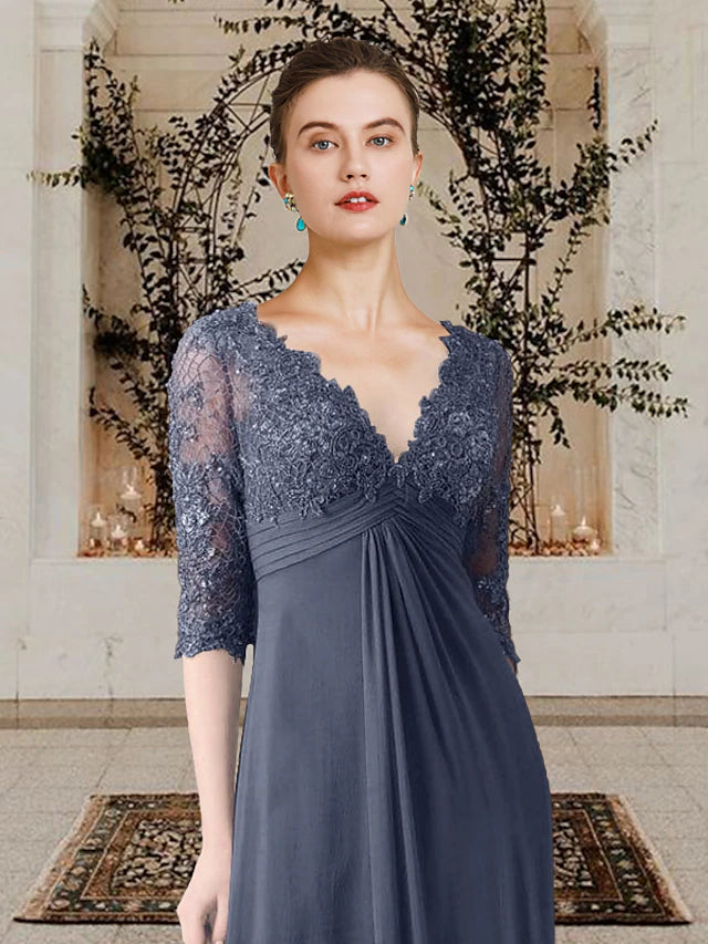 Full view of A-Line Mother of the Bride dress showcasing sweep train and elegant design.