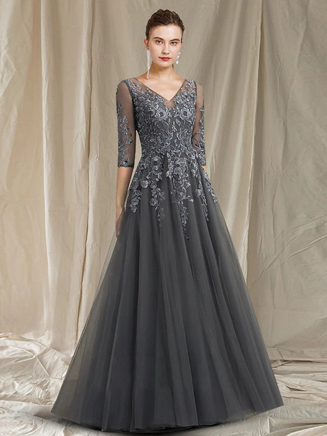 Elegant A-Line V-Neck Mother of the Bride dress with half sleeves.