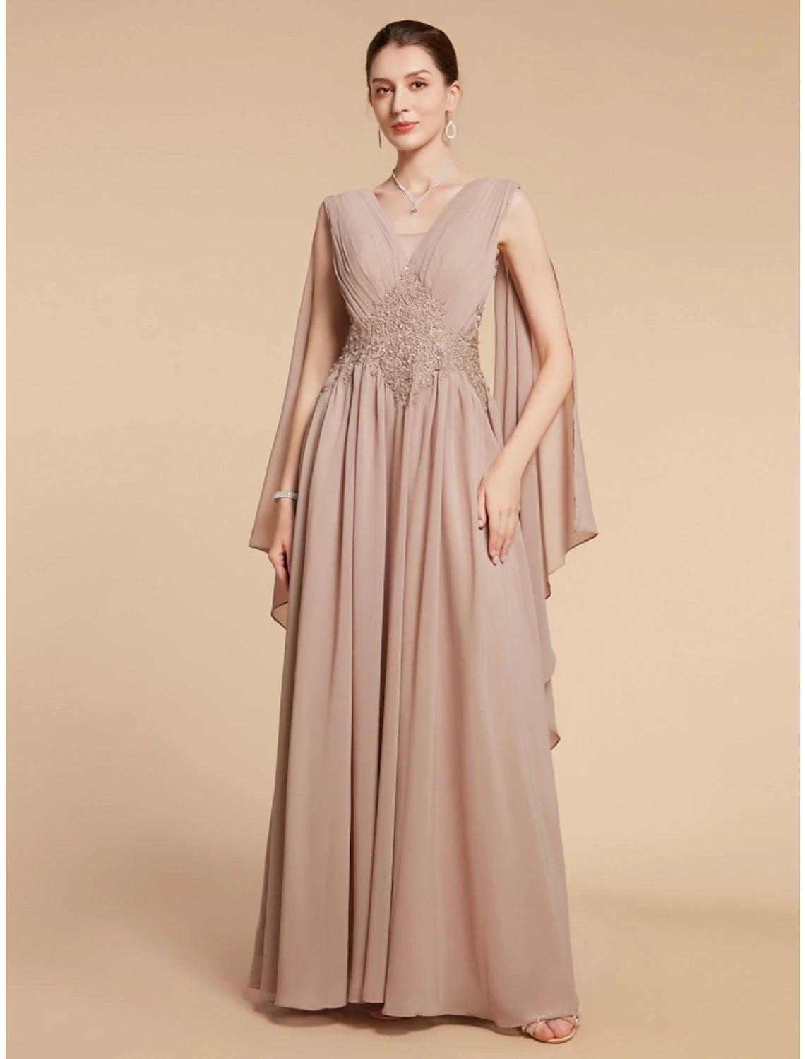 Elegant A-Line V-neck chiffon lace dress with ruching.