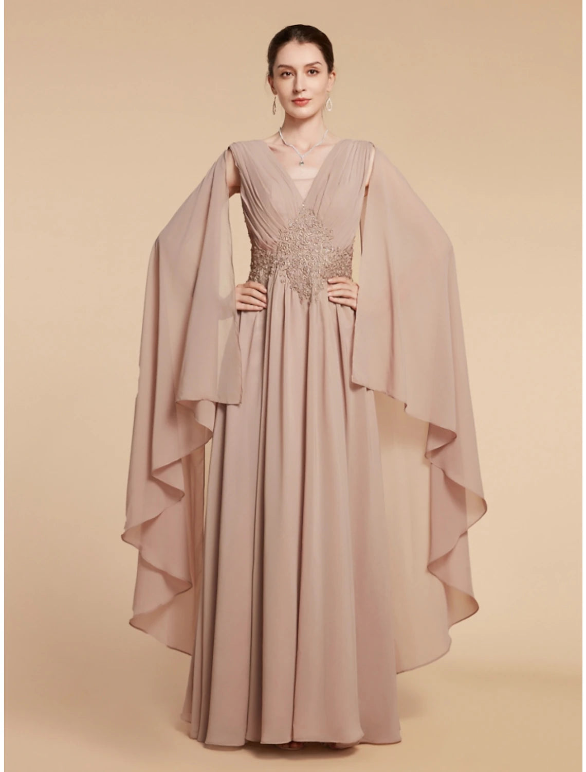 Detail of chiffon fabric and ruching on the elegant gown.