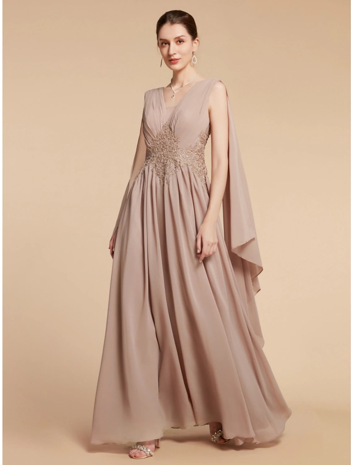 Model wearing A-Line Mother of the Bride dress, showcasing flow and fit.