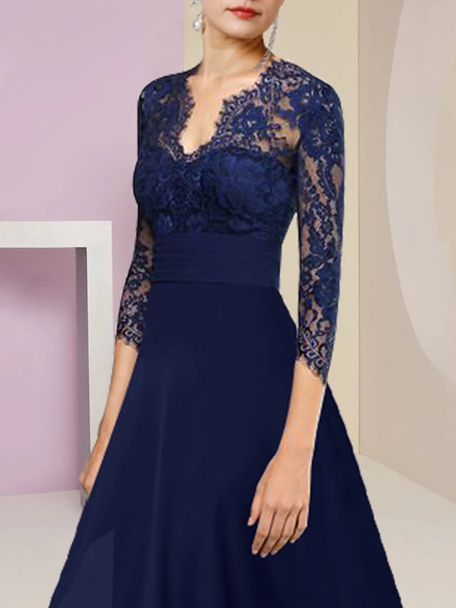 Chiffon lace tea length dress featuring a high-low asymmetrical hem.