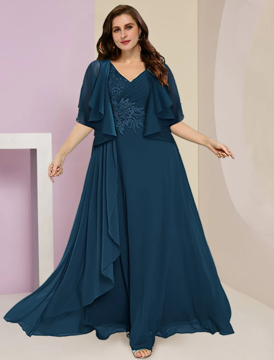 Elegant two-piece A-line V-neck chiffon lace gown with ruched appliques.