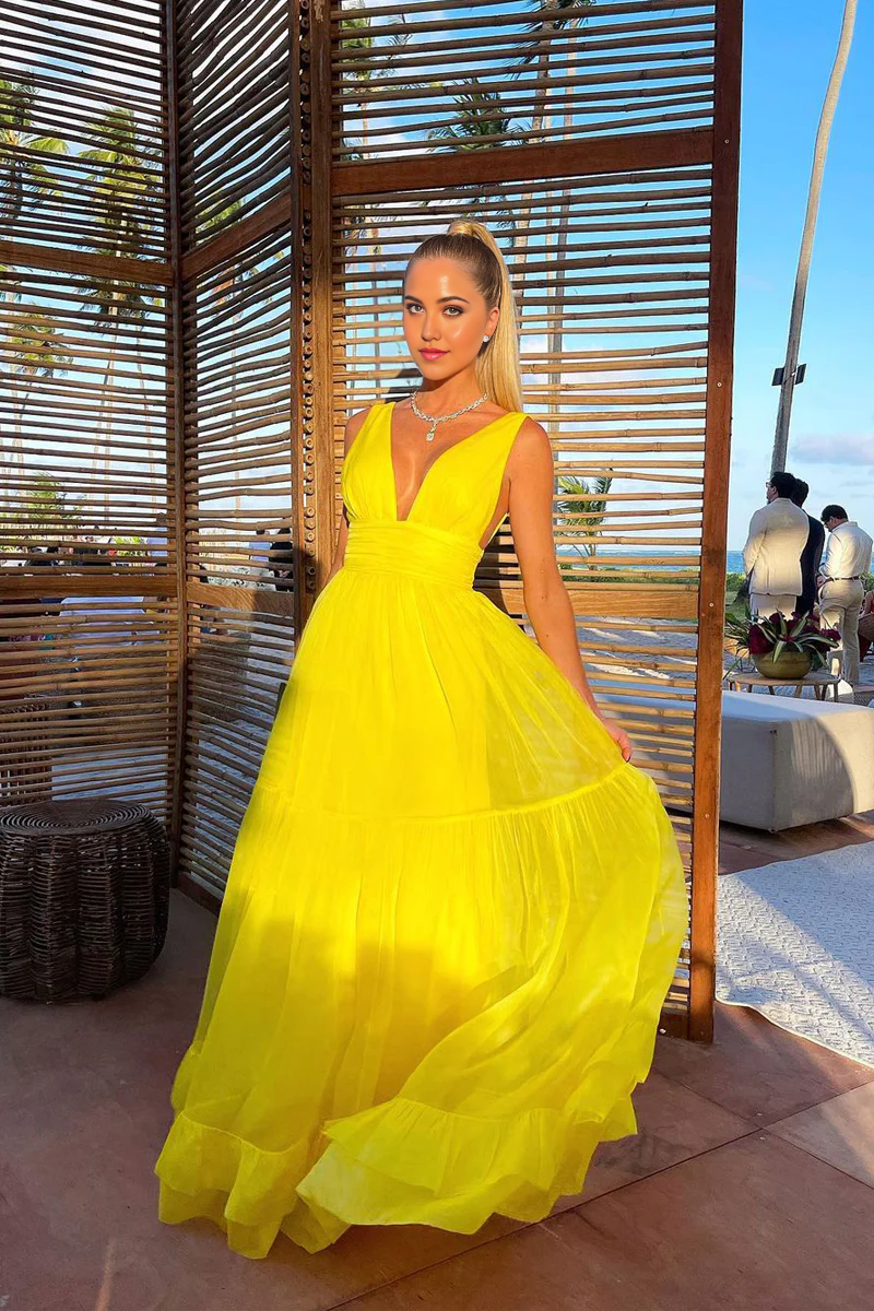 Back view of the elegant chiffon evening gown.
