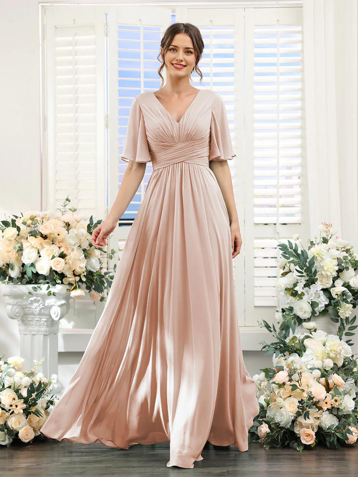Blush Pink A-line V-neck chiffon long sleeve formal dress.
