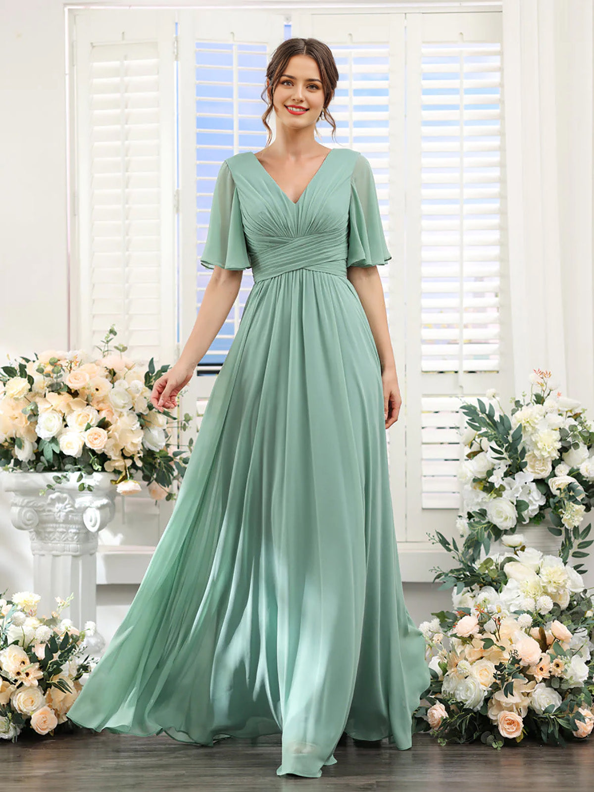Dark Sage A-line V-neck chiffon long sleeve formal dress.