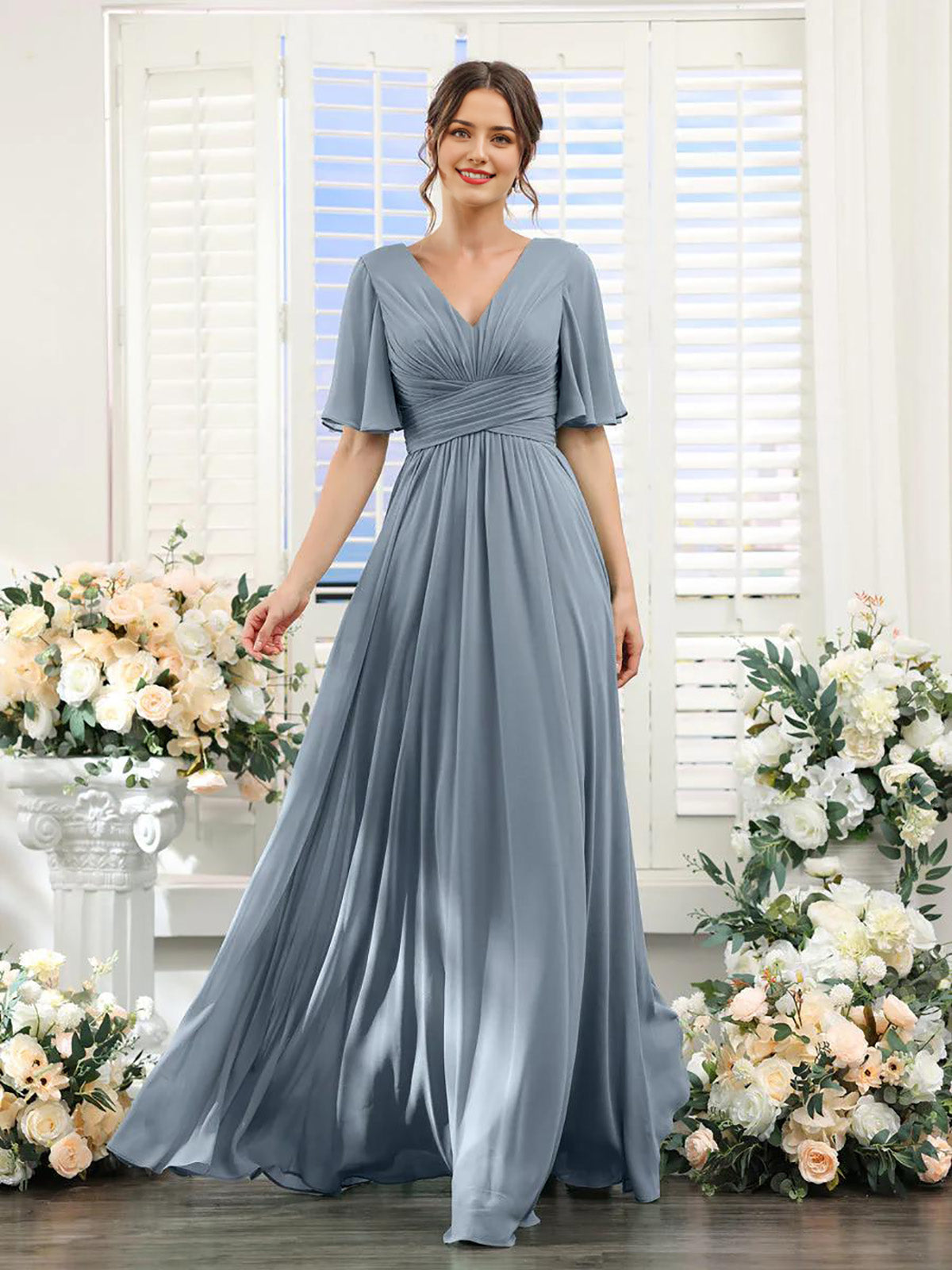 Dusty Blue A-line V-neck chiffon long sleeve formal dress.