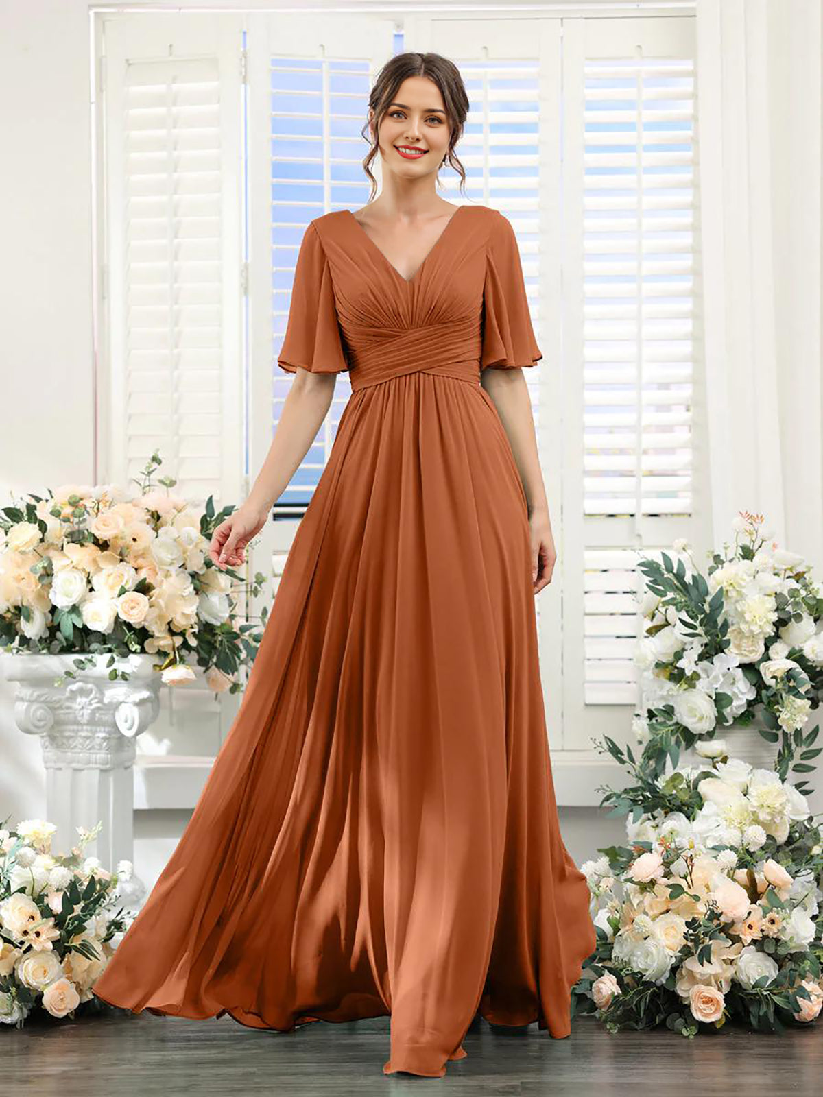 Burnt Orange A-line V-neck chiffon long sleeve formal dress.