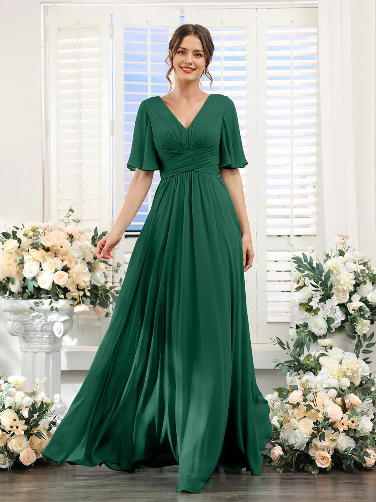 Dark Green A-line V-neck chiffon long sleeve formal dress.