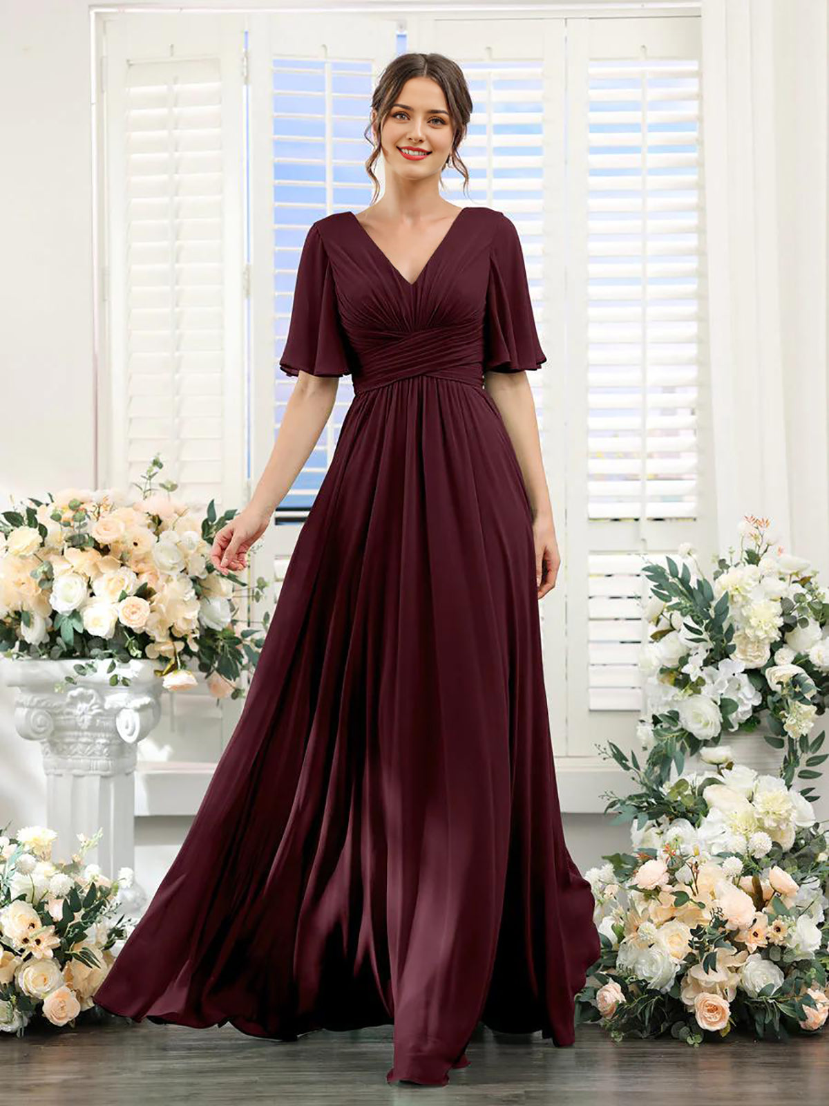 Burgundy A-line V-neck chiffon long sleeve formal dress.