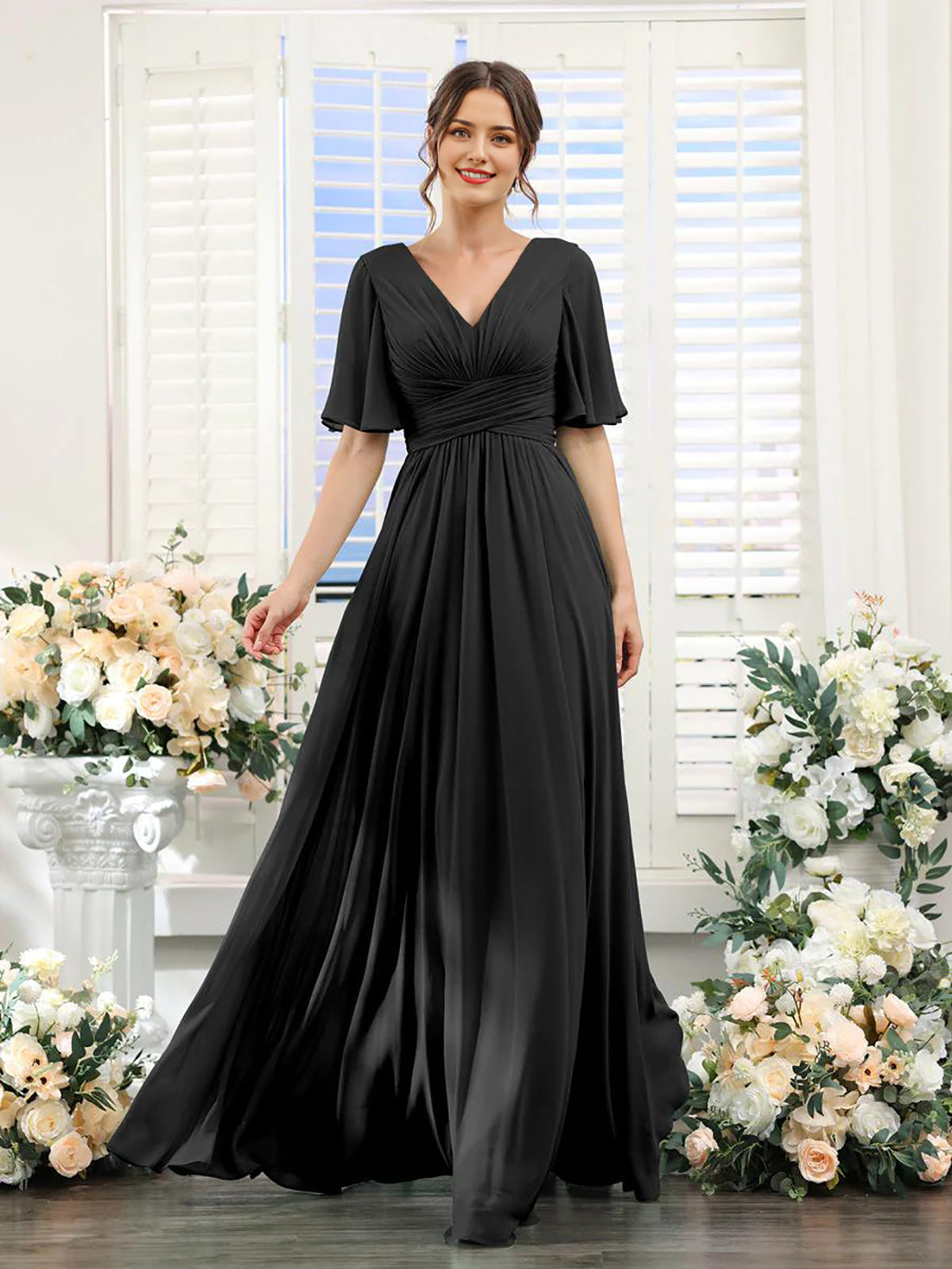 Black A-line V-neck chiffon long sleeve formal dress.