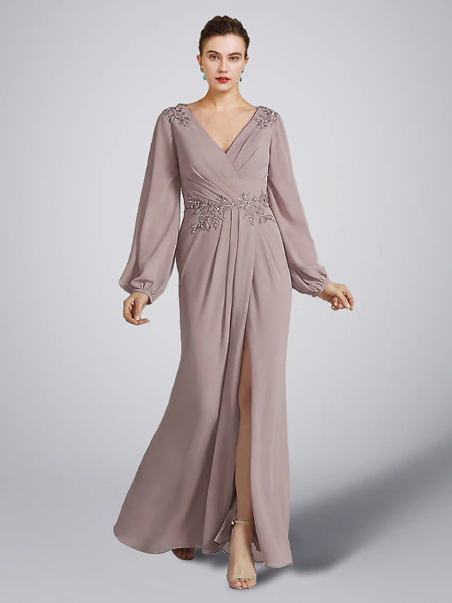Elegant plus size A-line mother of the bride dress with V-neck and long sleeves.