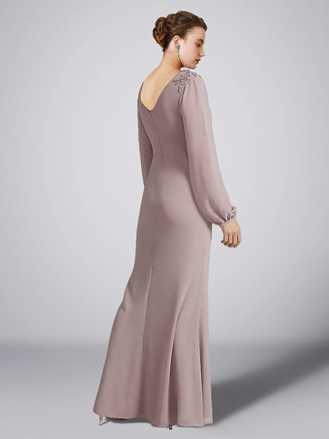 Side view of a plus size formal dress, showcasing the A-line silhouette and long sleeves.