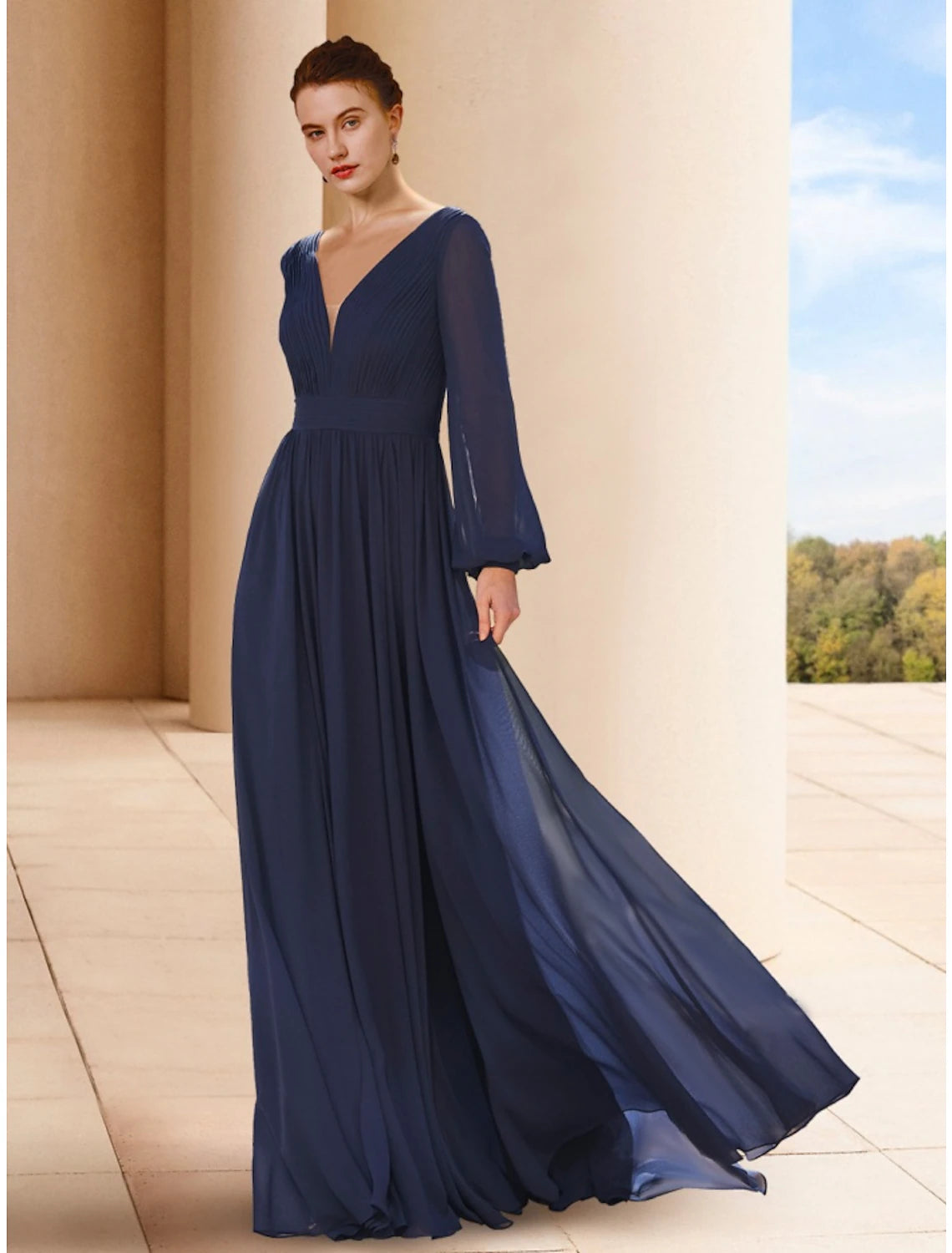 Elegant A-line chiffon mother of the bride dress with V-neck and long sleeves.
