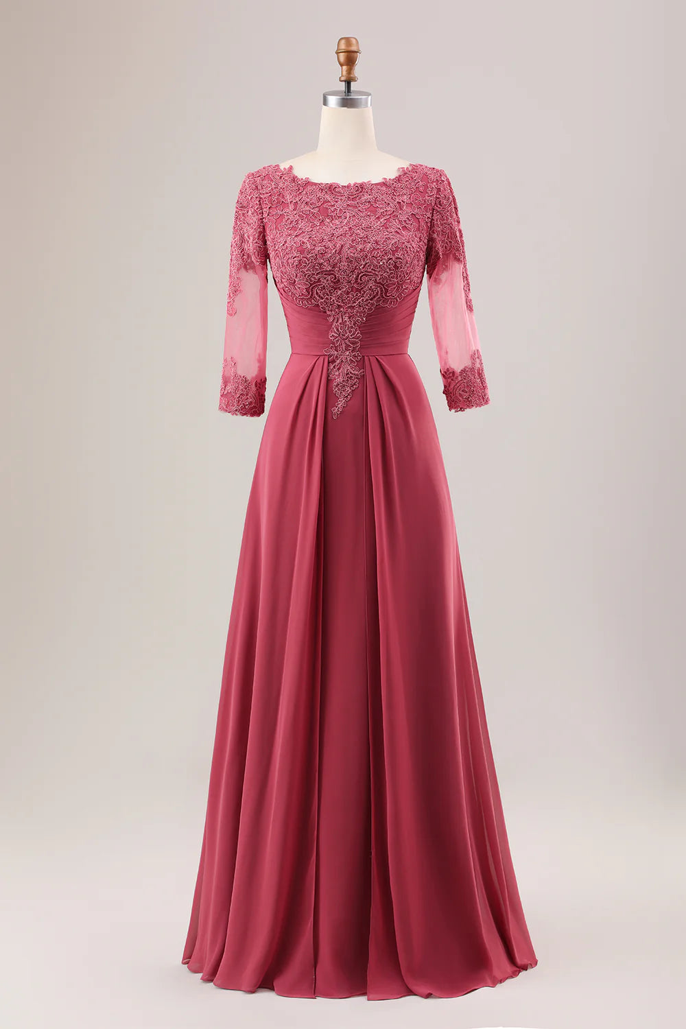 Full-length view of a terracotta A-line V-neck chiffon dress with appliques.