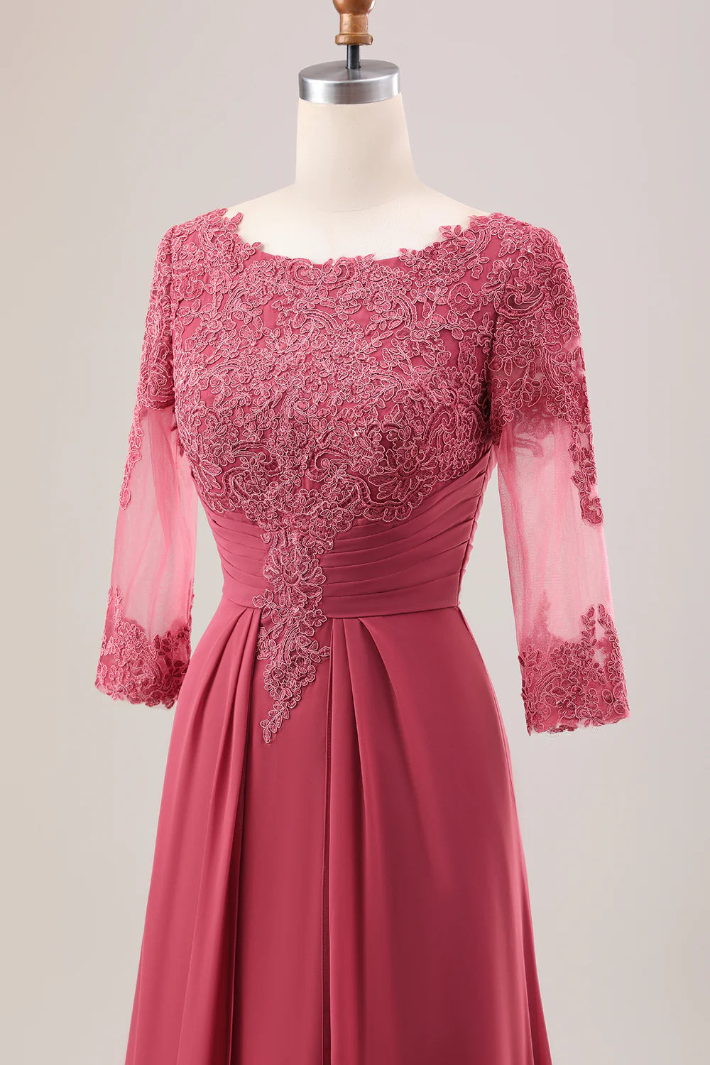 Back view of the elegant terracotta A-line chiffon dress with appliques.