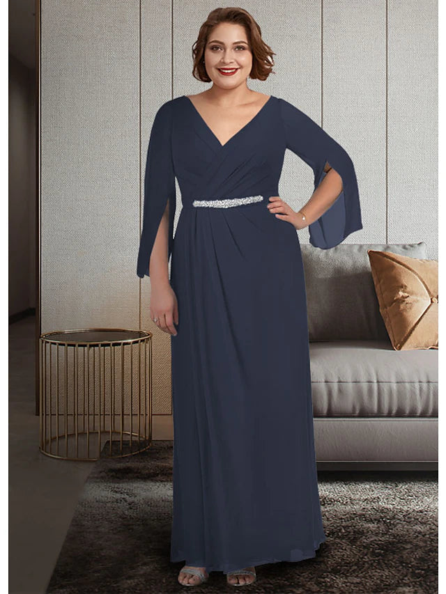 Elegant A-Line Mother of the Bride dress in chiffon with V-neck, 3/4 sleeves, and ruching.