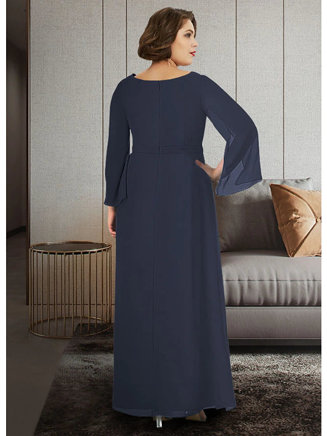 Elegant A-Line Mother of the Bride dress in chiffon with V-neck, 3/4 sleeves, and ruching.