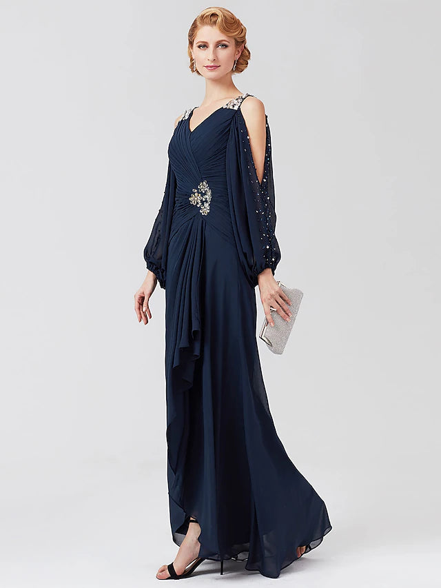 Elegant A-Line Mother of the Bride dress with V-neck and 3/4 sleeves.