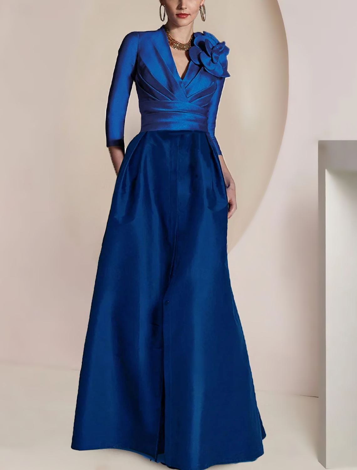 Side view of the A-Line chiffon Mother of the Bride dress, highlighting the split front detail.